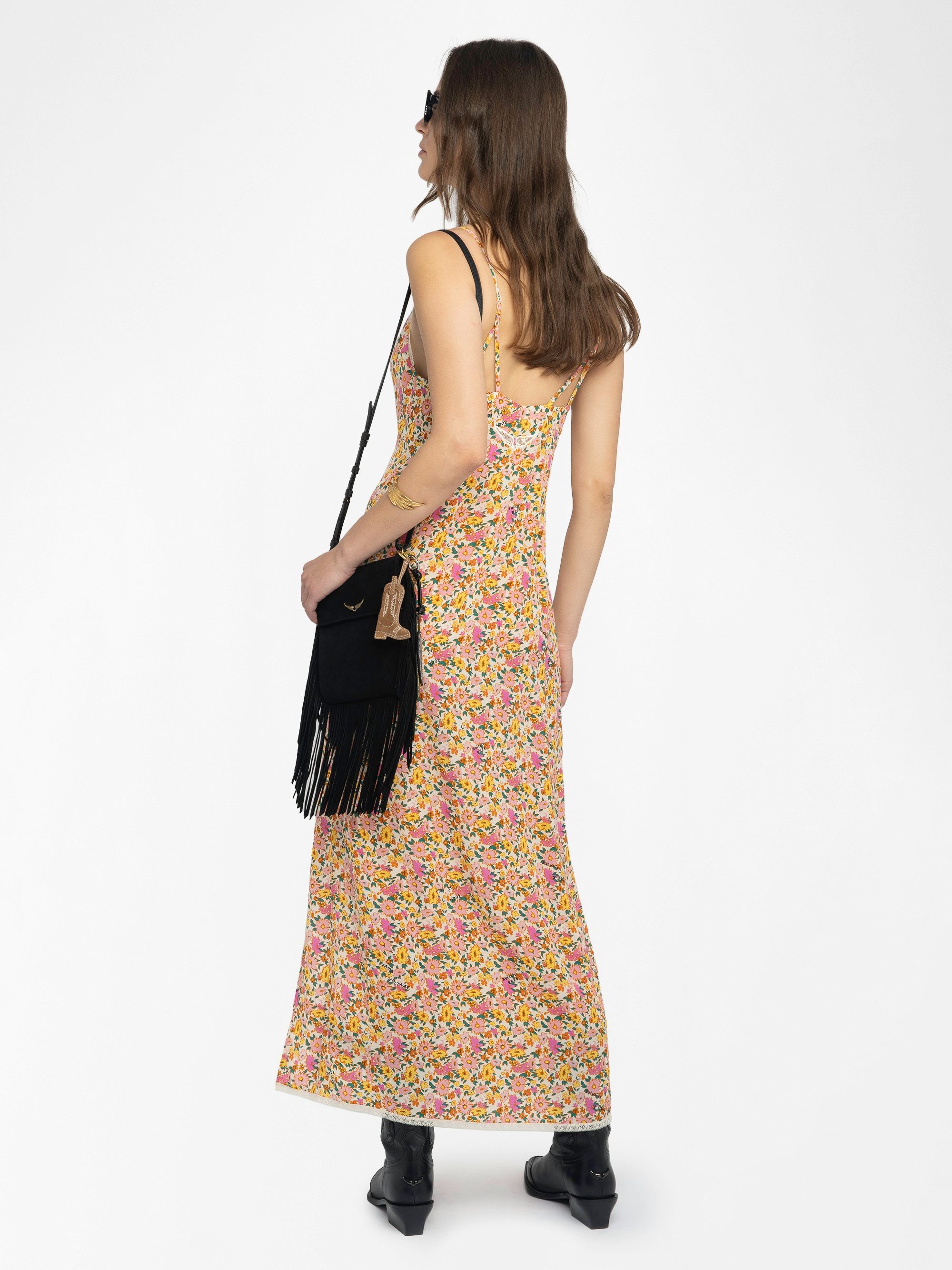 Rameli Floral Lace Maxi Dress - Long lingerie-inspired dress in printed viscose, with slit, adjustable straps, wing embroidery on the back and lace details.